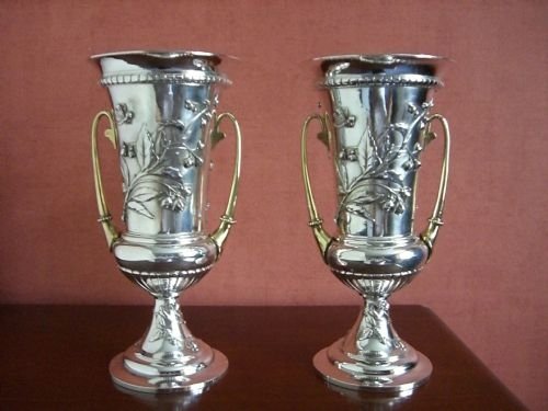 pair antique silverplated vases