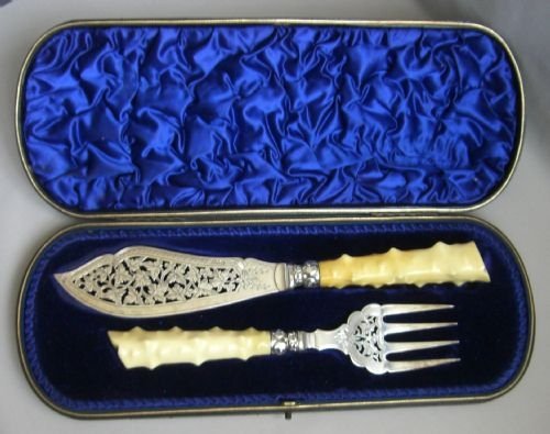 antique silver ivory fish servers