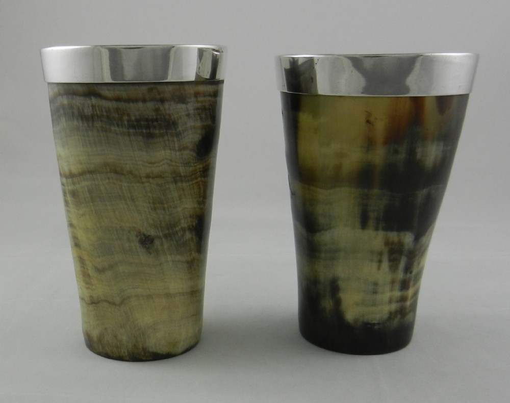 pair antique silver rimmed horn beakers